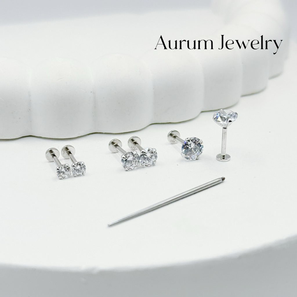 Aurum Jewelry: จิวต่างหูเพชร cz กลม เงินแท้ จิวแป้นแบน รุ่น Classy Labret (ราคาต่อ 1 คู่)