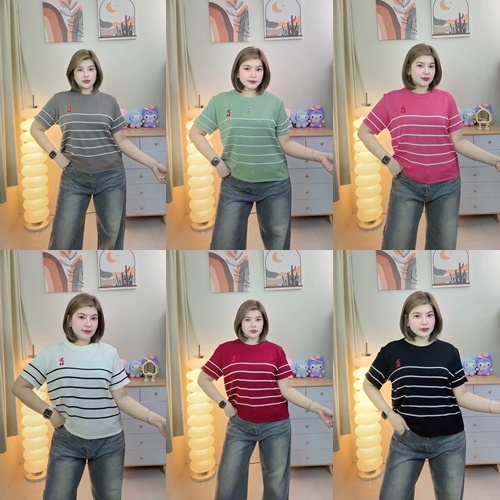 A28 ไหมพรมคอกลมลายริ้วปักเชอรี่