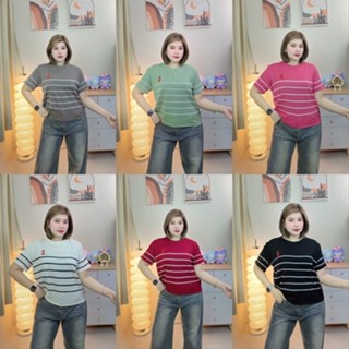 A28 ไหมพรมคอกลมลายริ้วปักเชอรี่