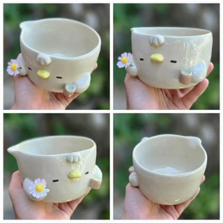 ถ้วยมัทฉะลายสัตว์น่ารัก ถือดอกไม้ ถ้วยชาลายสัตว์น่ารัก ของขวัญน่ารัก พร้อมส่ง