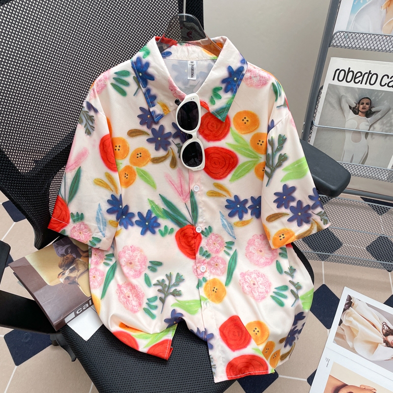 เสื้อเชิ้ตแฟชั่นลายดอก เสื้อฮาวาย เสื้อสงกรานต์ แขนสั้น ติดกระดุมหน้า เนื้อผ้าดีใส่สบาย ผ้าพิมพ์ลายทั้งผืน เสื้อคอปก ใส่