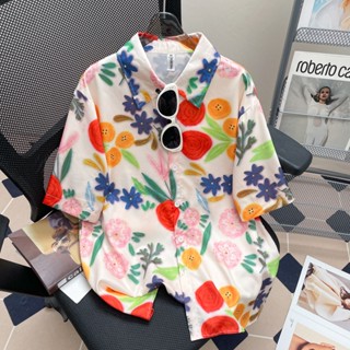 เสื้อเชิ้ตแฟชั่นลายดอก เสื้อฮาวาย เสื้อสงกรานต์ แขนสั้น ติดก…