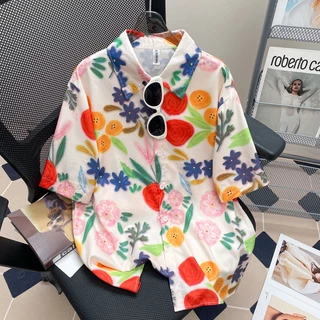 เสื้อเชิ้ตแฟชั่นลายดอก เสื้อฮาวาย เสื้อสงกรานต์ แขนสั้น ติดกระดุมหน้า เนื้อผ้าดีใส่สบาย ผ้าพิมพ์ลายทั้งผืน เสื้อคอปก ใส่