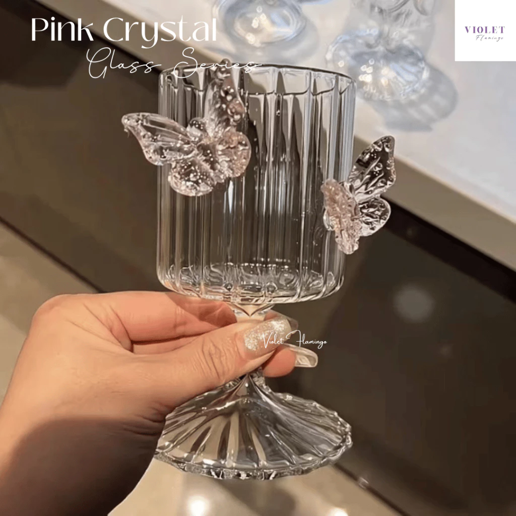 Violet Flamingo - Pink Crystal Glass Series แก้วน้ำ แก้วแชมเปญ แก้วไวน์ ประดับลายผีเสื้อสีชมพูหรือลายหัวใจ/โบว์โรแมนติก thumbnail 9