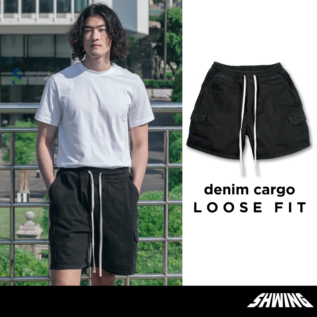 SHWING  กางเกงขาสั้นคาร์โก้ยีนส์ฟอก Denim Cargo ทรง Loose Fit ขากว้าง สีดำฟอก ทรงใหญ่ใส่สบาย