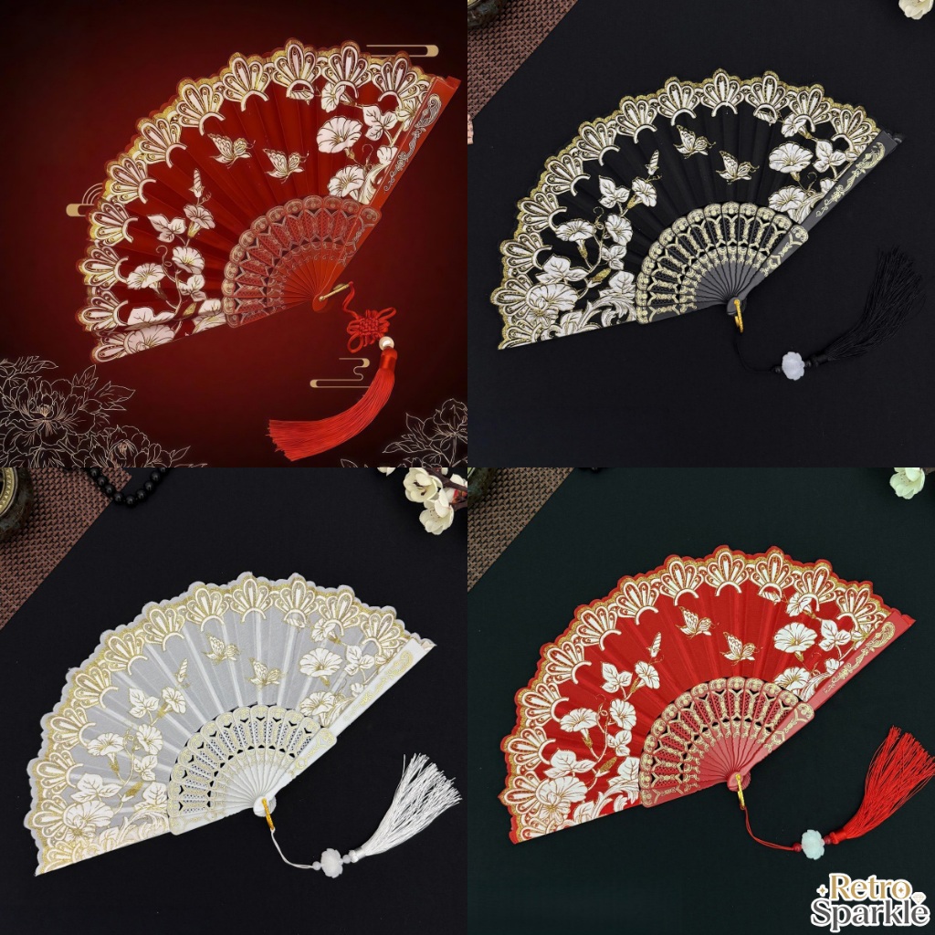 Retro Sparkle✨พัดจีนโบราณ พัดลมพับ พิมพ์ลายสองด้าน ลวดลายดอกไม้ ไม้ไผ่ สไตล์จีนย้อนยุค