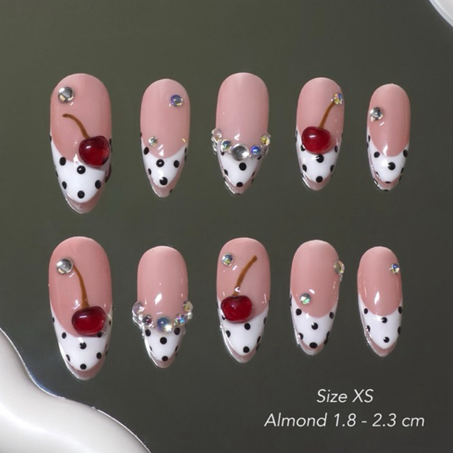 Polkadot Cherry 🍒 พร้อมส่ง เล็บปลอมลายเฟรนช์ปลายPolkadot พร้อมเชอร์รี่สุดคิ้วทึแบบพี่ชานยอล