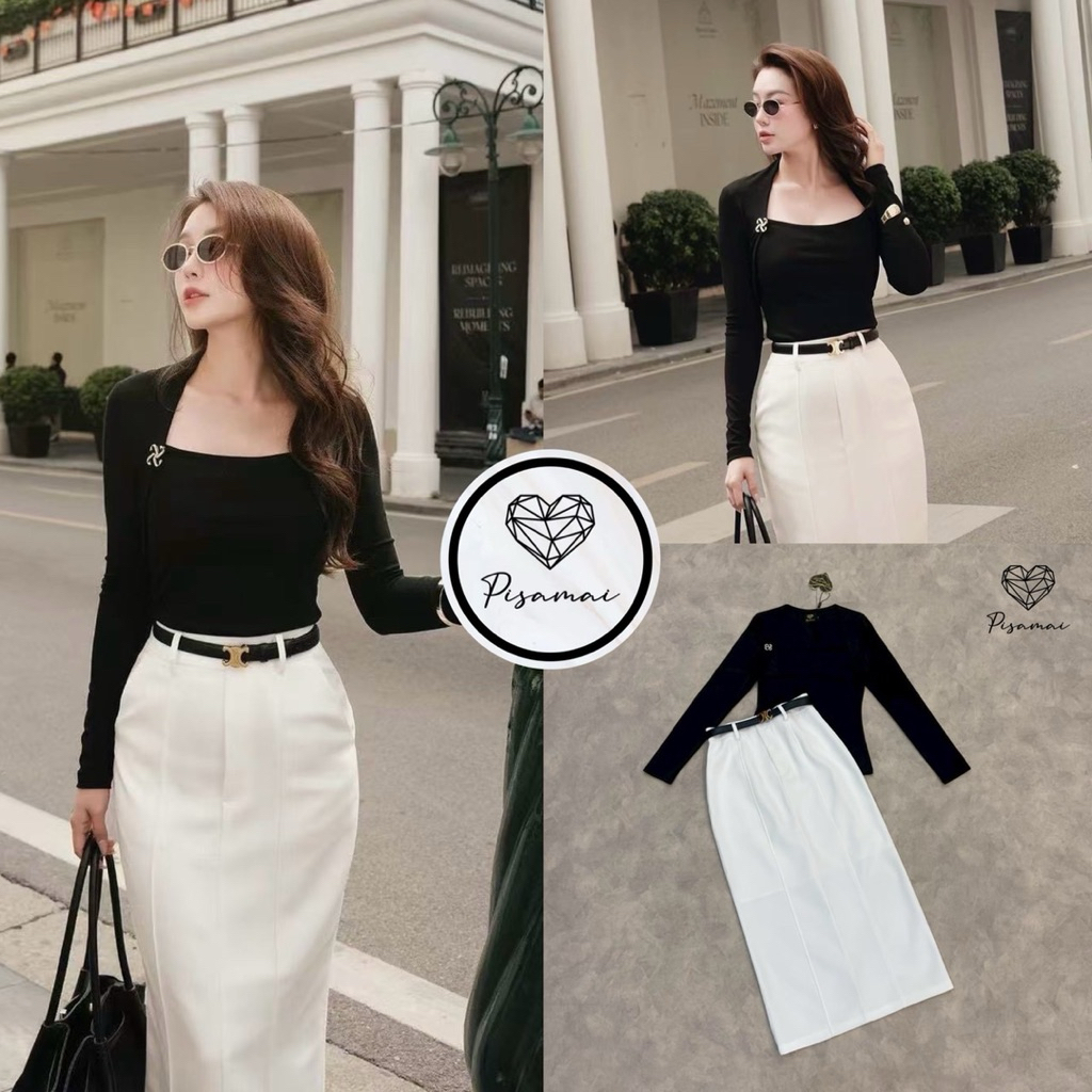 [PISAMAI] เซ็ตเสื้อคอปกแขนยาวสีดำมาคู่กับเข็มกลัดอะไหล่เงิน+ กระโปรงทรงสอบสีขาวพร้อมเข็มขัดเข้าเซ็ต