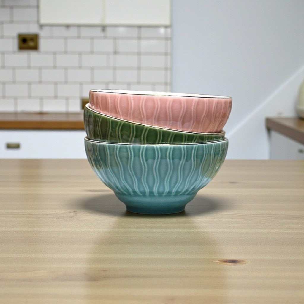 ถ้วย ชาม 6นิ้ว เซรามิค 3ใบ สีเขียว สีฟ้า สีชมพู ขอบหยัก เข้าไมโครเวฟได้ 6inch Ceramic Bowl Set ราคา ถูกที่สุด ดีลบีเคเค แกลเลอรีภาพที่ 4