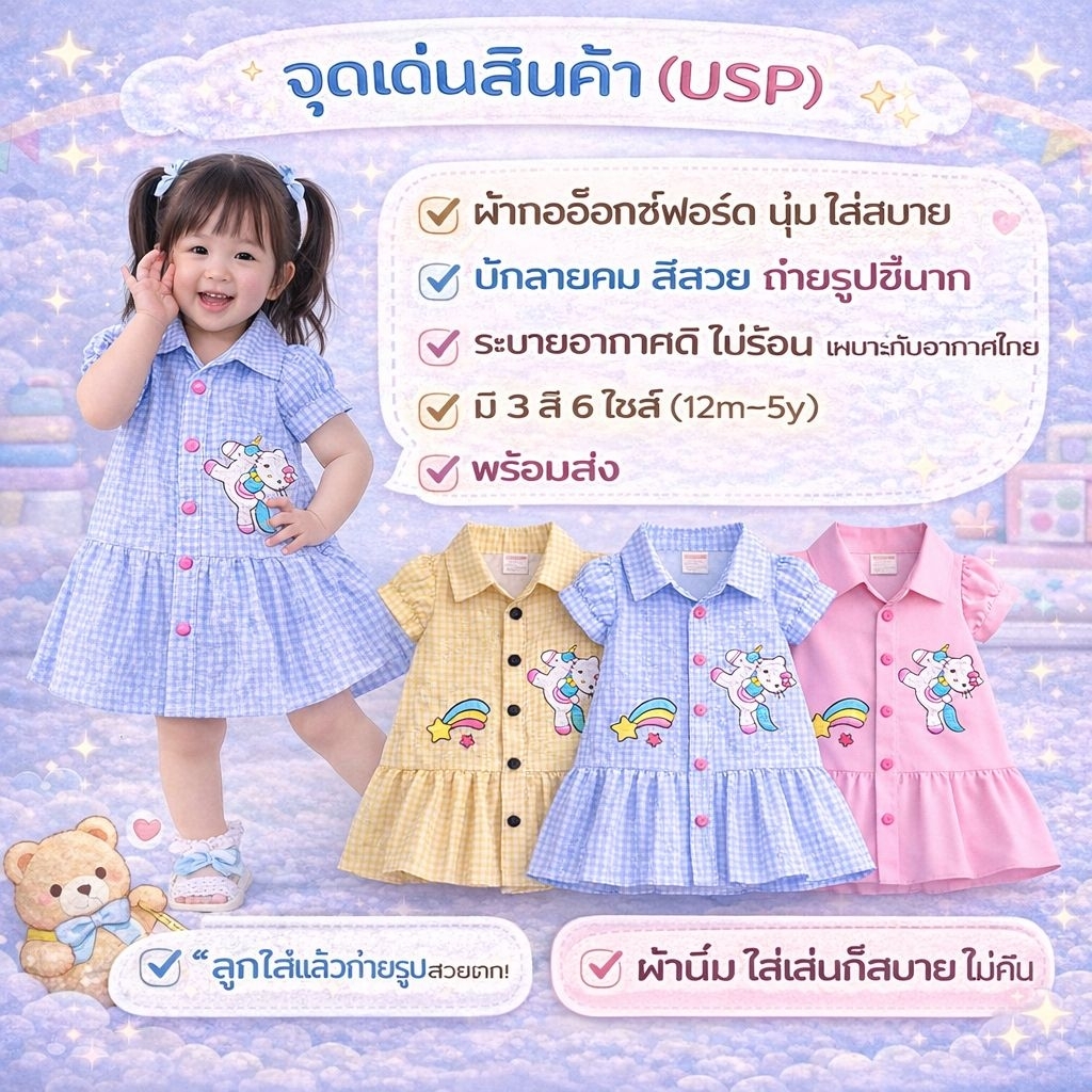 ✨ เดรสยูนิคอร์นสุดคิ้วท์ กระดุมหน้า ผ้าCotton นิ่มๆ ไซส์ 0-5ปี ใส่สบาย ไม่ร้อน ระบายอากาศได้ดี - รูปที่ 2