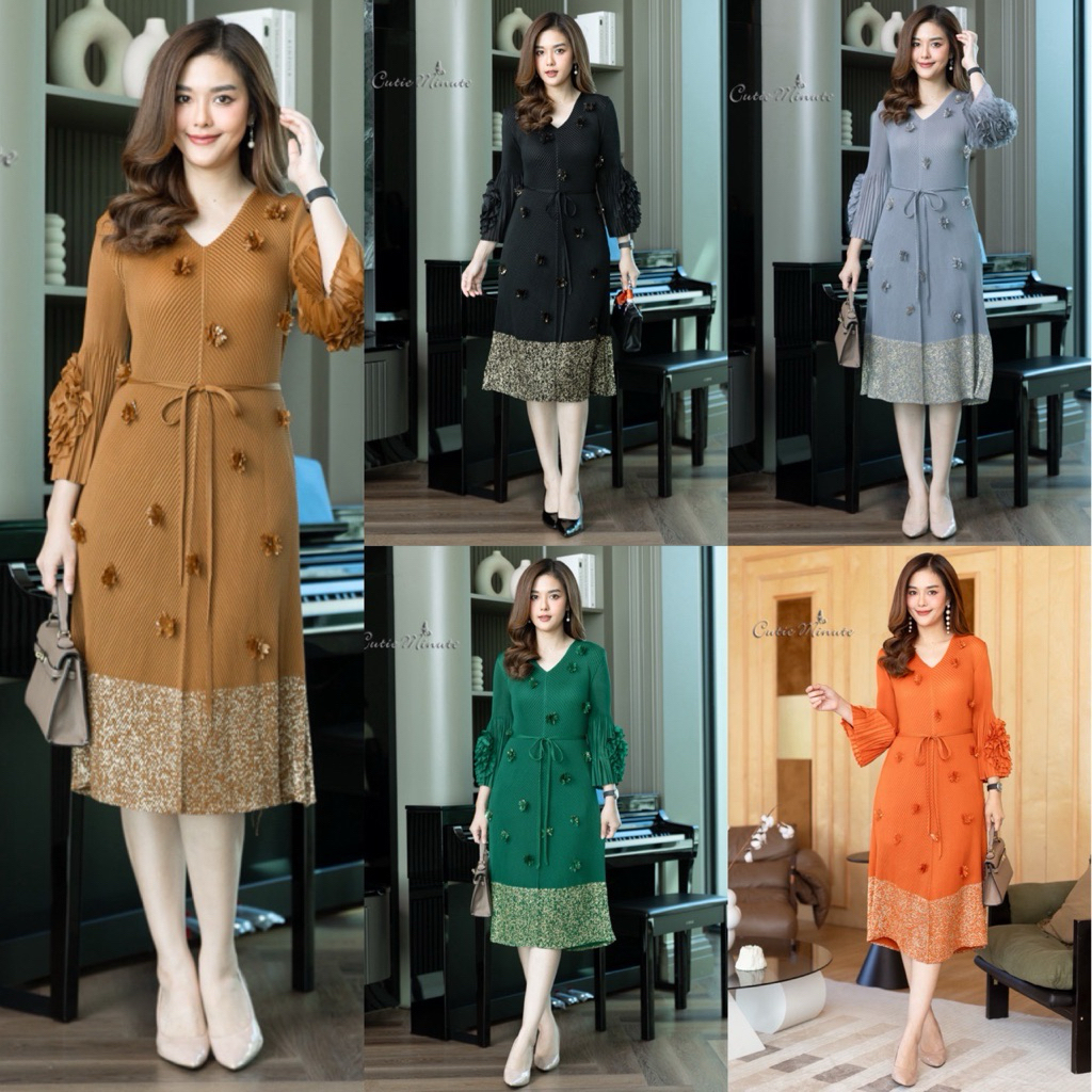 Cutie minute  รหัส PD022725  เดรสผ้ากระดูกงูเกรดพรีเมี่ยม ดีเทลแต่งแขนด้วยผ้าชีฟอง