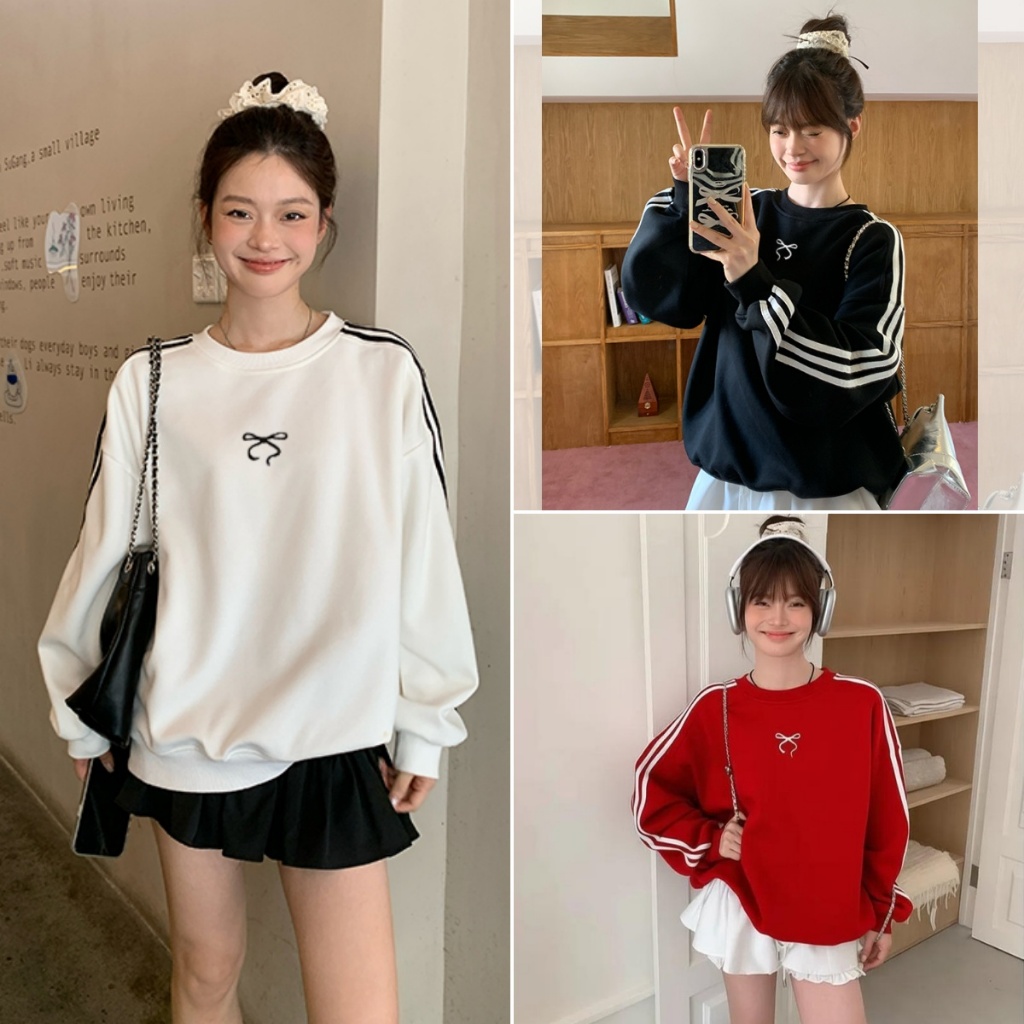 Bella Shop เสื้อสเวตเตอร์แขนยาวคอกลมสีดำสำหรับผู้หญิง สไตล์เกาหลีเรียบง่ายและน่ารัก หลวมและสบาย