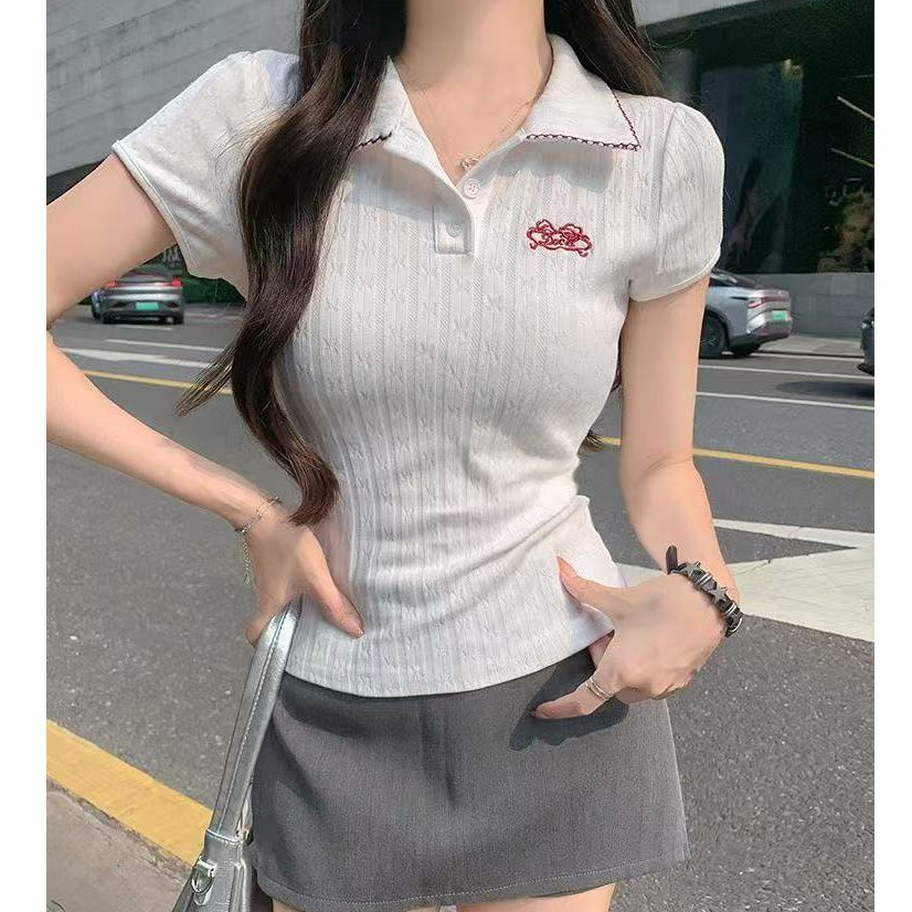 🔥Rosy Bra💥เสื้อยืดคอปกแขนสั้น เสื้อครอปไหมพรม กระดุมหน้า ผ้านิ่ม สไตล์เกาหลี สไตล์ลำลอง - รูปที่ 5