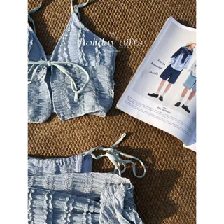 ชุดว่ายน้ำผู้หญิง บิกินี่ 3 ชิ้น Bikini เสื้อผูกโบว์ ผ้าจีบ เซ็กซี่หวาน สไตล์เกาหลี | Ocean Mood
