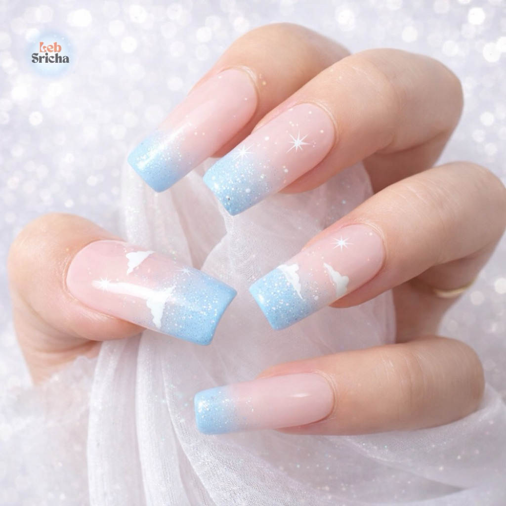 เล็บปลอมทรงเหลี่ยมสไตล์ cloudy sky nails handmade•premium
