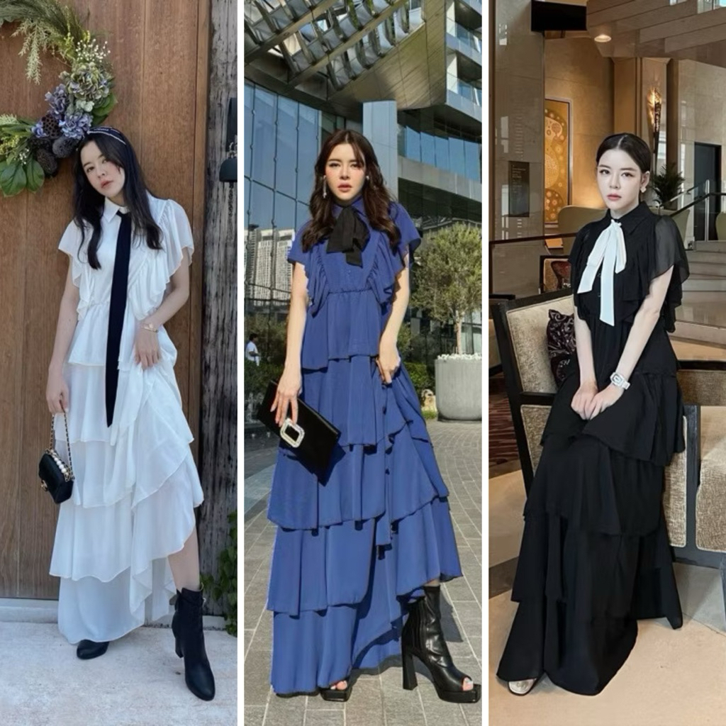 ส่งต่อ FLAT2112 : Size S : LADY DIANA DRESS เดรสชั้นๆ ชุดออกงาน ผ้าชีฟอง เดรสงานแต่ง ชุดไปงานแต่ง (F