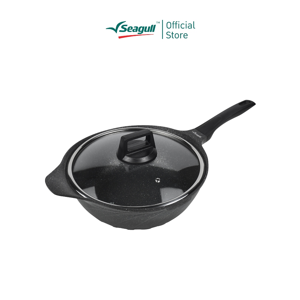 Seagull กระทะทรงลึกเคลือบลายหินอ่อน เอ็มเพอเรอร์ ขนาด 28 ซม. พร้อมฝาแก้ว Emperor Marble Deep Fry Pan with Glass Lid