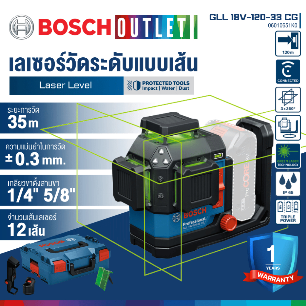 BOSCH GLL 18V-120-33 CG เลเซอร์วัดระดับ 12 เส้น 35 เมตร ขยายได้สูงสุด 120 เมตร #06010651K0