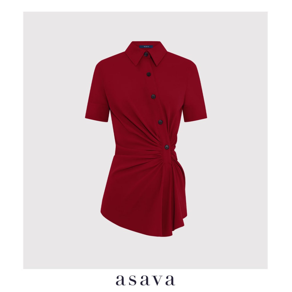 [asava aw25] Leslie Front-Ruched Shirt เสื้อเชิ้ต แต่งดีเทลรูดช่วงเอวด้านหน้า แขนสั้นแต่งกระดุม คอปก