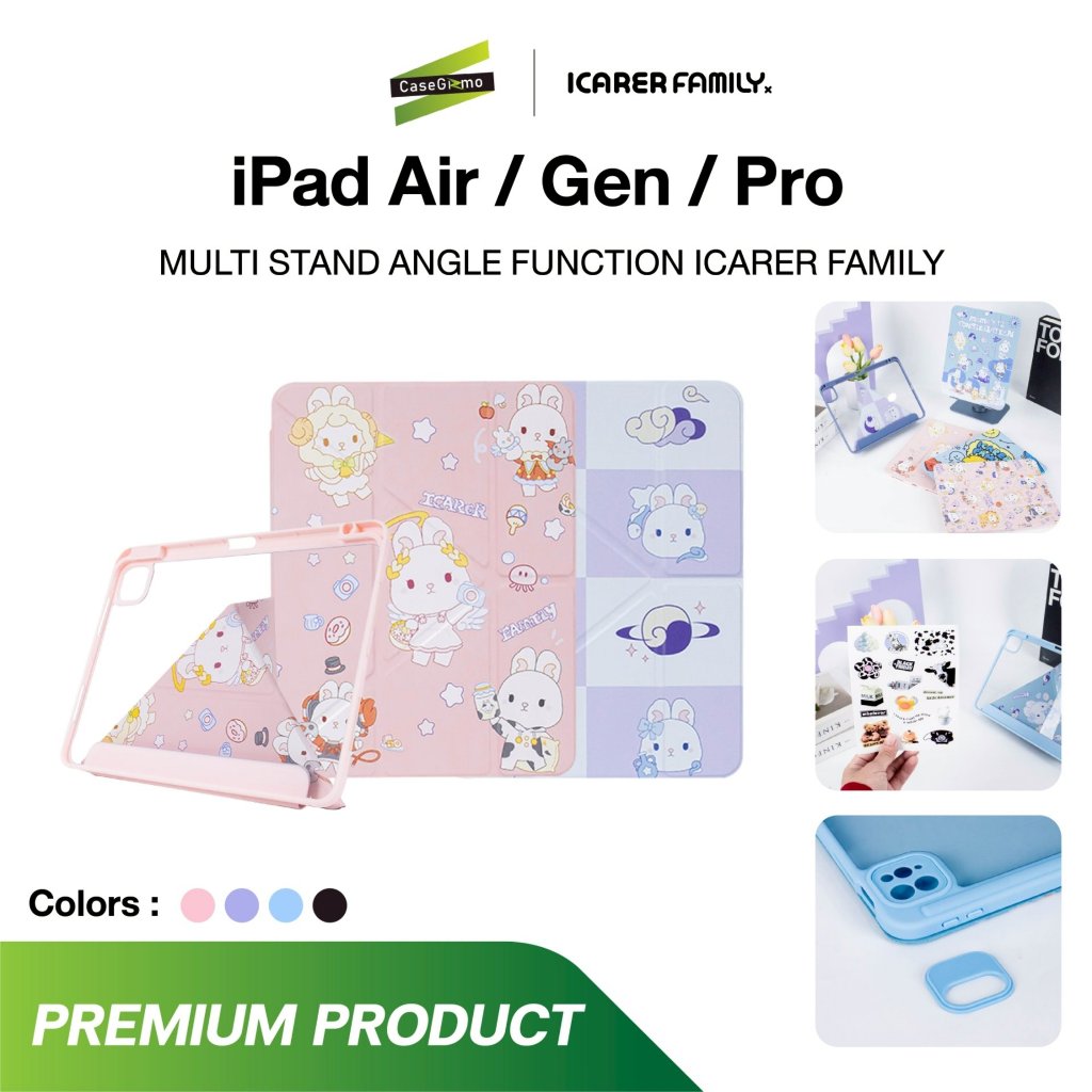 gizmo X icarer รุ่น forAir 4,5,6 / Pro11 / Gen7,8,9,10,11 เคสฝาพับหลังใส มีช่องใส่ปากกา เคสลาย สีชมพ