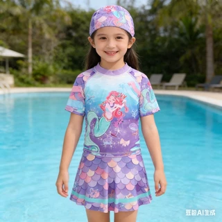MC197 ชุดว่ายน้ำเด็กผู้หญิงลายเงือกพาสเทล เซ็ตเสื้อ+กระโปรง สีหวาน สไตล์เจ้าหญิง