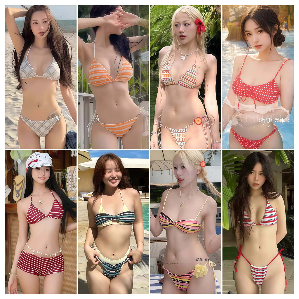 🍒Hot.bikini🍒ชุดว่ายน้ําสวยๆ ชุดว่ายน้ำ bikini swimwear ผูกคอ สไตล์เซ็กซี่ ลายเชอร์รี่ ลูกปัด ส่งจากไทย