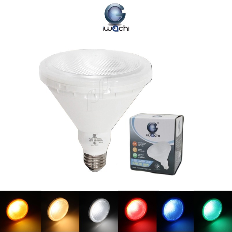 IWACHI หลอดพาร์38 PAR38 LED 18W ขั้วE27 แสงขาว วอร์ม เหลือง น้ำเงิน เขียว แดง สปอร์ตไลท์กันน้ำIP65