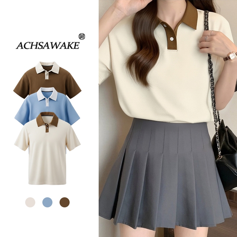 ACHSAWAKE เสื้อโปโลสตรีแขนสั้น สไตล์มินิมอลสีตัดกัน ทรงไหล่ตรงกว้าง สวมใส่ไร้รัดติ้ว