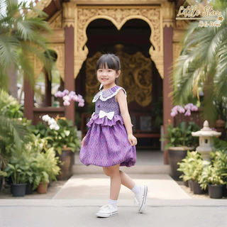 ⭐️Littlestar👧🏻 เดรสเด็กผ้าไทย ชุดไทยเด็กผ้าฝ้าย ผ้าครัช แต่งลูกไม้ มินิเดรสเด็กกระดุมหลัง มีสายผูกโบว์ GSF0653