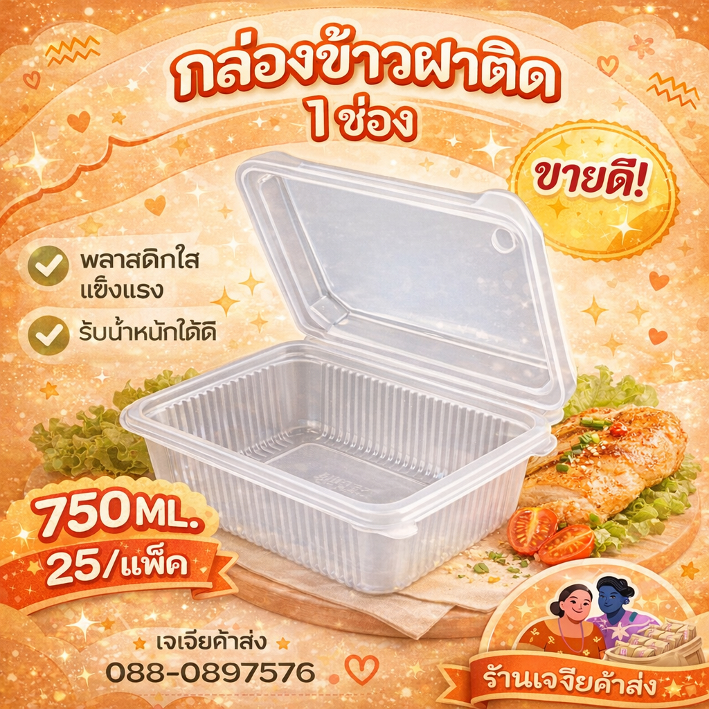 JT-B500 กล่องข้าวฝาติด 1000ml. 1ช่อง กล่องพลาสติกใส่อาหาร PP (แพ็ค 25ชิ้น) by SINSHOP