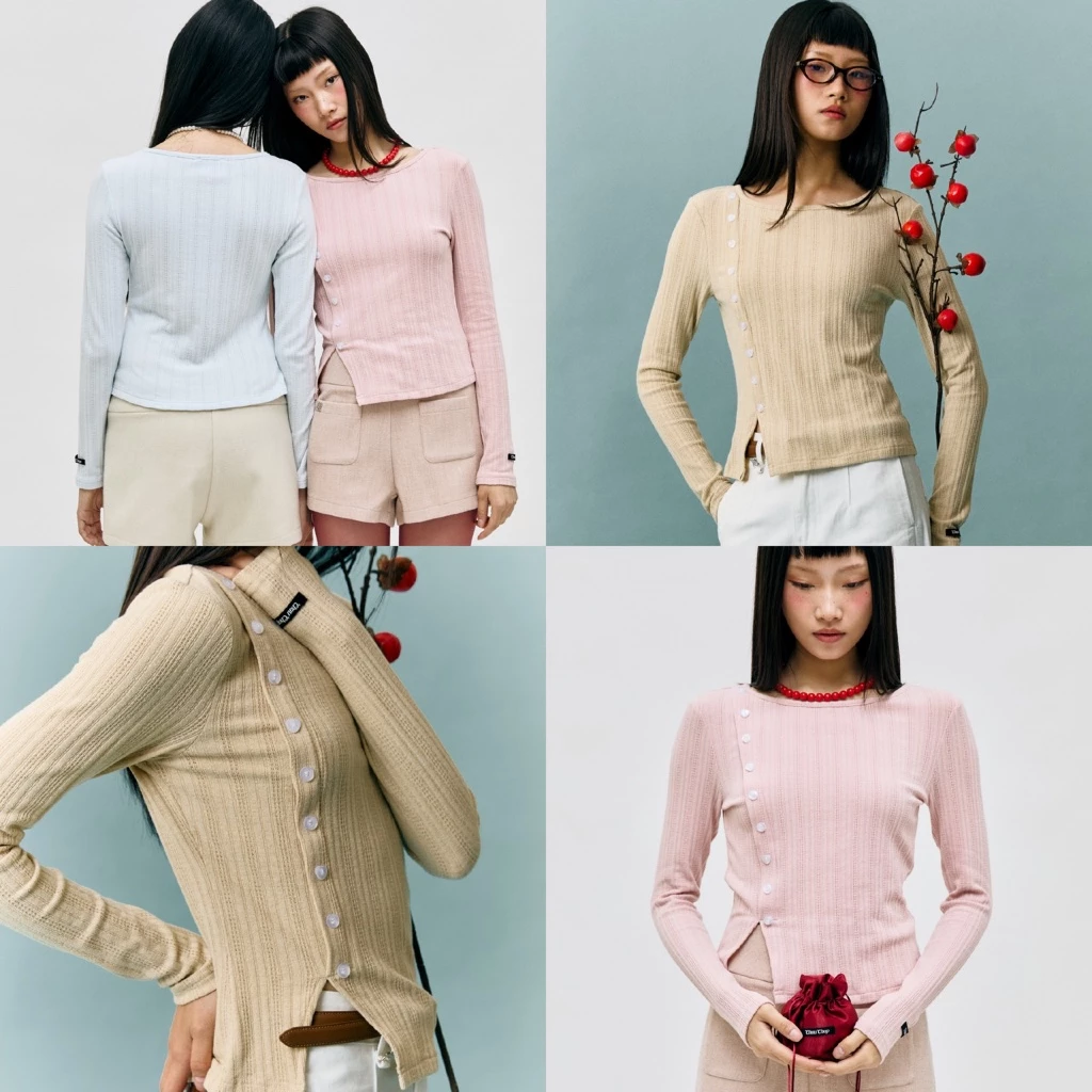 CHUUCHOP - (S-XL) Ningning Long Sleeve เสื้อแขนยาวแต่งกระดุมข้าง (C8484)