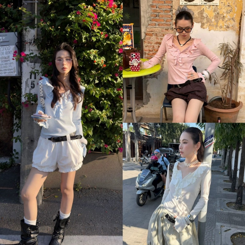 (พร้อมส่ง ฟ้า ชมพู) 𝗚𝗜𝗚𝗜 𝗦𝗢𝗙𝗧 𝗥𝗨𝗙𝗙𝗟𝗘 𝗧𝗢𝗣 เสื้อแขนยาวคอเสื้อแต่งระบายรุ่น 26T029 TAG MM FISH 🇰🇷