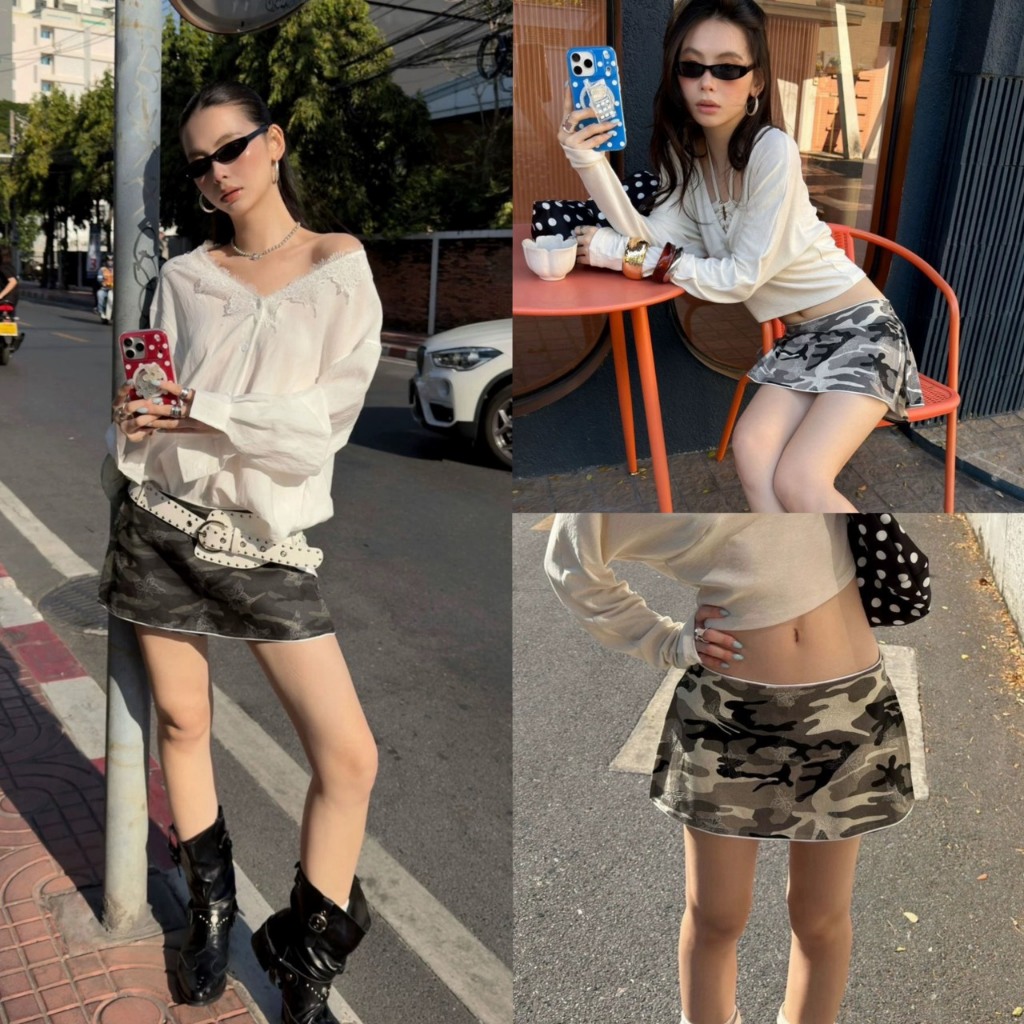 𝗖𝗔𝗠𝗢 𝗦𝗧𝗥𝗘𝗘𝗧 𝗔𝗥𝗠𝗬 𝗦𝗞𝗜𝗥𝗧 กระโปรงลายทหารทรงเอวต่ำรุ่น 26Q008 TAG MM FISH 🇰🇷