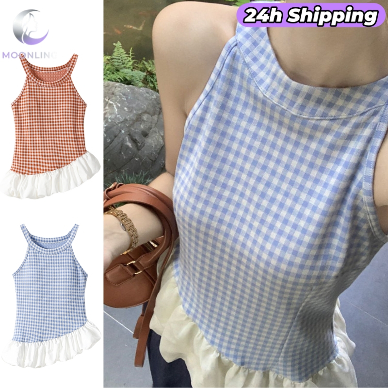 🌜Moonling🌛 พร้อมส่งจากไทย เสื้อกล้ามลายสก็อต สีฟ้าแดง แต่งปลายขาว มีฟองน้ำเสริมในตัว FYL5504