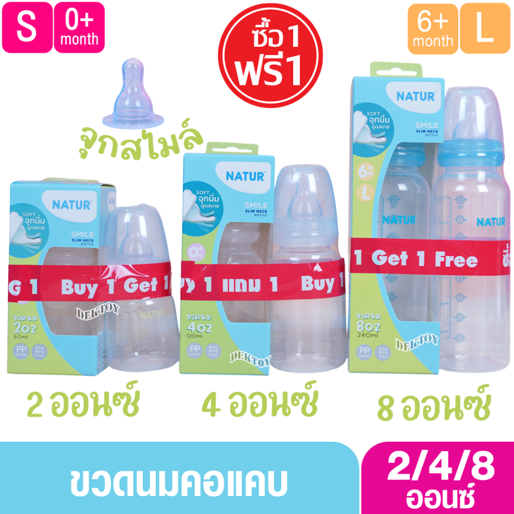 1แถม1 Natur เนเจอร์ ขวดนมเนเจอร์สไมล์คอมาตรฐาน 2/4/8 ออนซ์