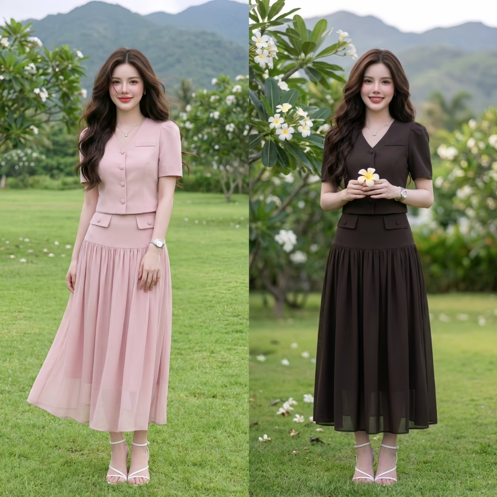 Thealner-AN473 (เซตเสื้อคอวีแขนเจ้าหญิง+กระโปรงยาว)