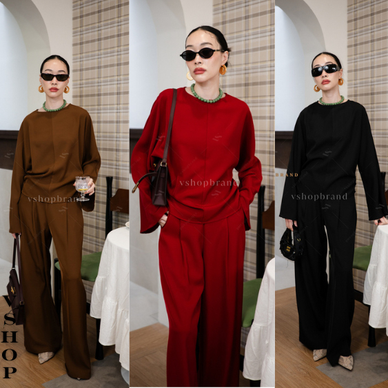 พร้อมส่ง Set เสื้อแขนยาวผ้าพื้นจับจีบเอว+กก.ขายาว งานป้ายvshop