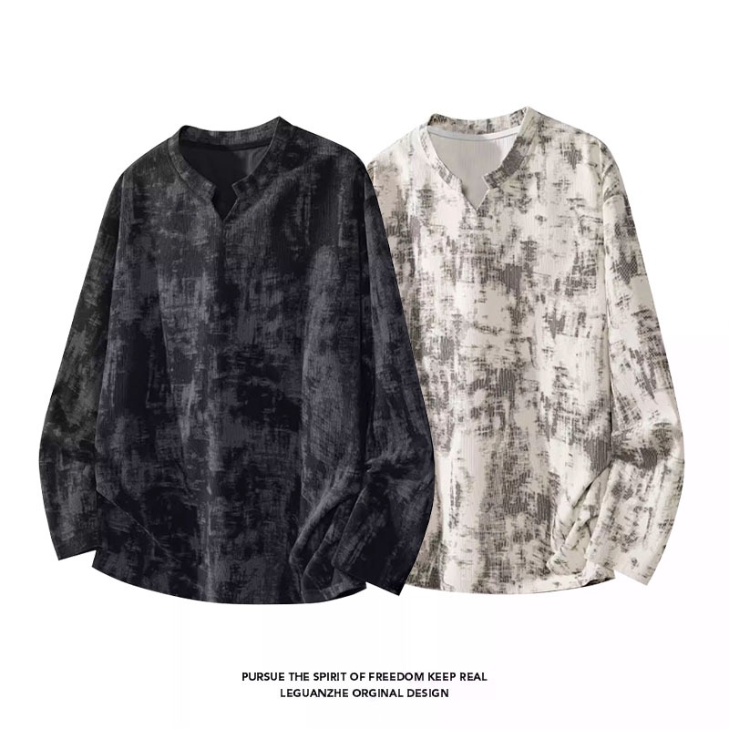 เสื้อแขนยาวคอวีทรงเข้ารูปสไตล์อเมริกัน ย้อมสีมัดย้อม สำหรับผู้ชายและผู้หญิง สีดำขาว เสื้อแขนยาวสำหรับผู้ชาย – โปรปัง