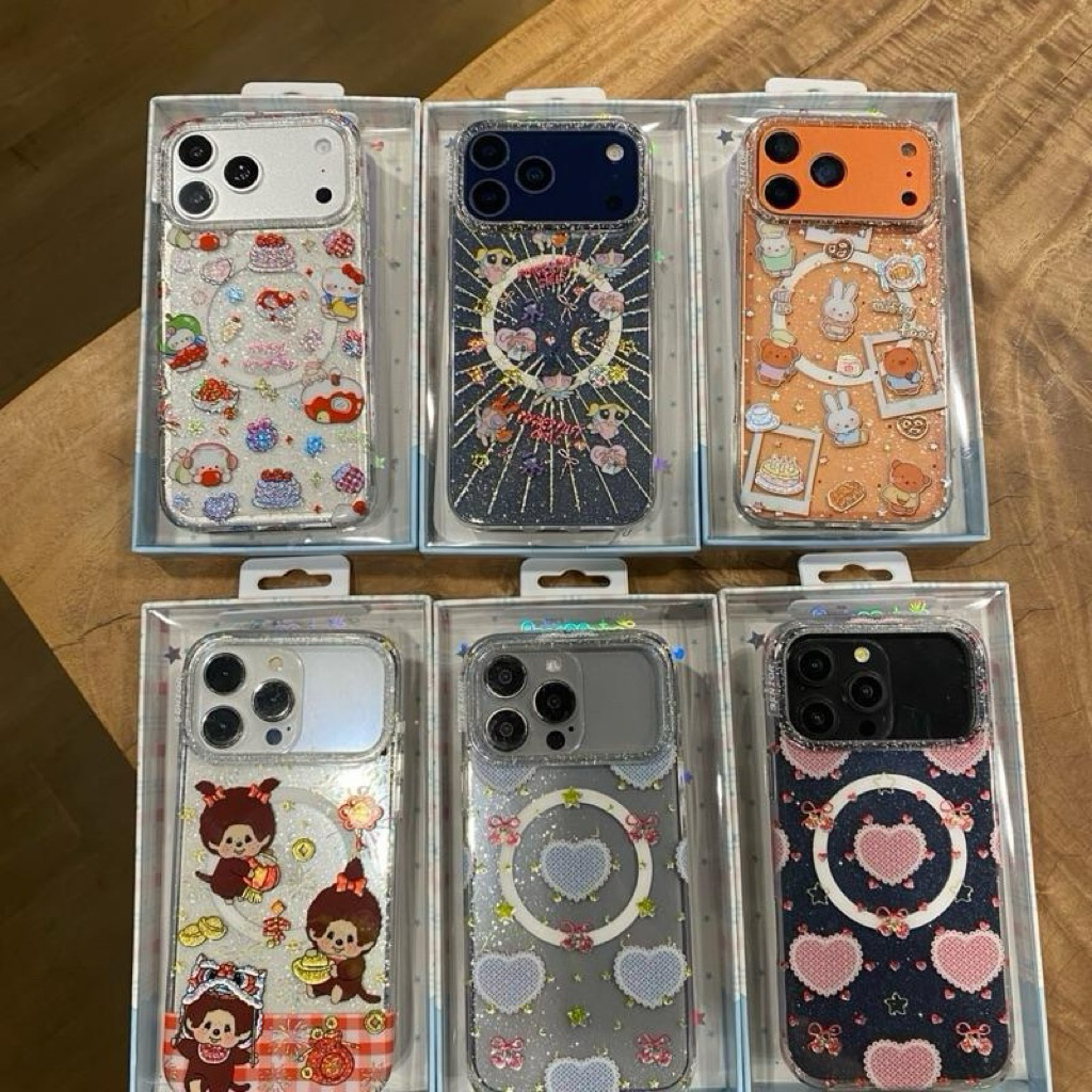 เคสอะครีลิคสกรีนลายฝังกลิตเตอร์ มีที่ชาร์จไร้สาย ตัดขอบโฮโลแกรม ขอบนิ่มหลังแข็ง งานกันกระแทก ปุ่ม Camera control ปิด