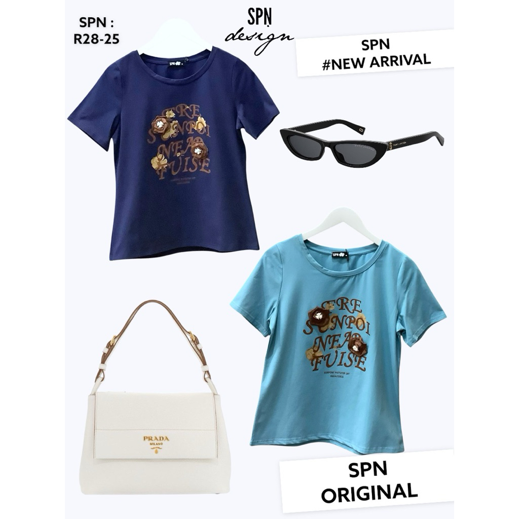 SPN R28-25 เสื้อผ้ายืดคอกลม สกรีนลาย ปักดอกไม้ ความยาว 23”