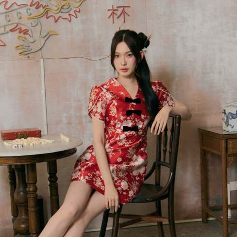 La Mignonne (XS-4XL) Nala Evie Dress เดรสตรุษจีนใส่ทำงาน ใส่เที่ยว ดีเทลล์โบว์แต่งหลอกสามอัน แขนทิวลิป งานซิปหลัง