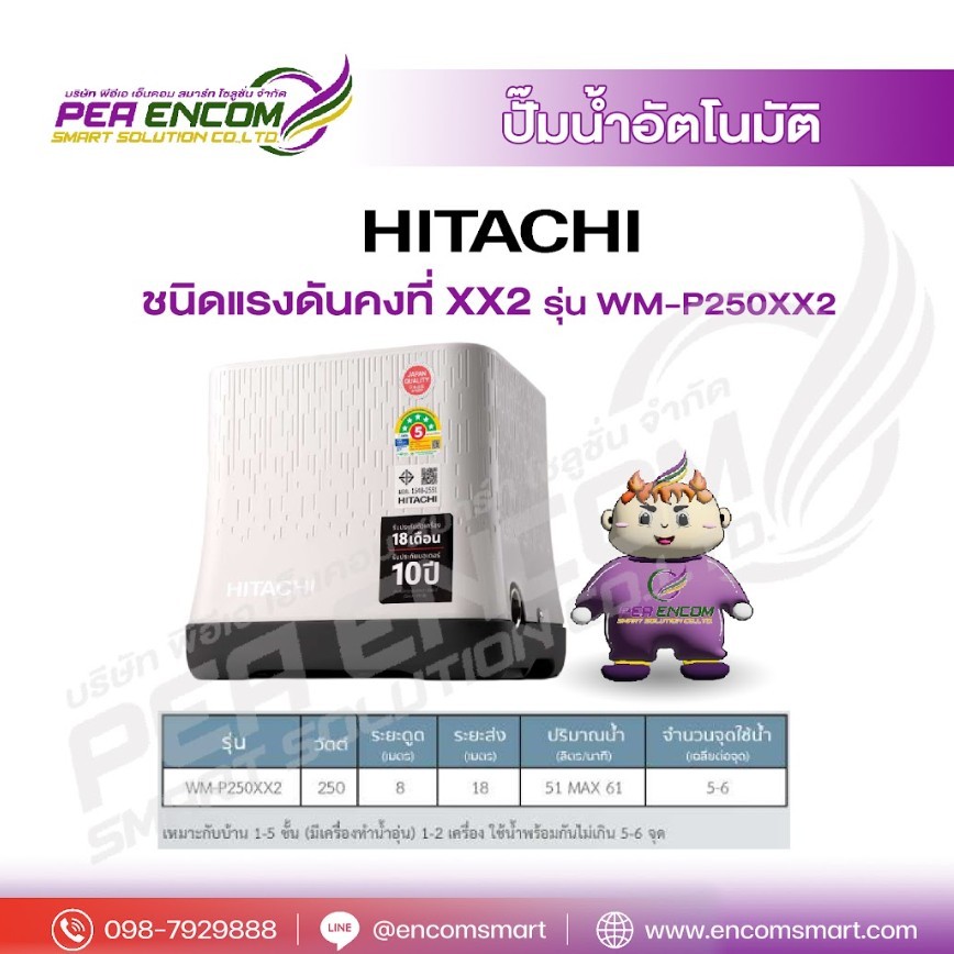 HITACHI ปั๊มน้ำอัตโนมัติ ฮิตาชิ 250วัตต์ รุ่น WM-P250XX2 รุ่นใหม่ล่าสุด ของแท้ รับประกันมอเตอร์ 10 ป