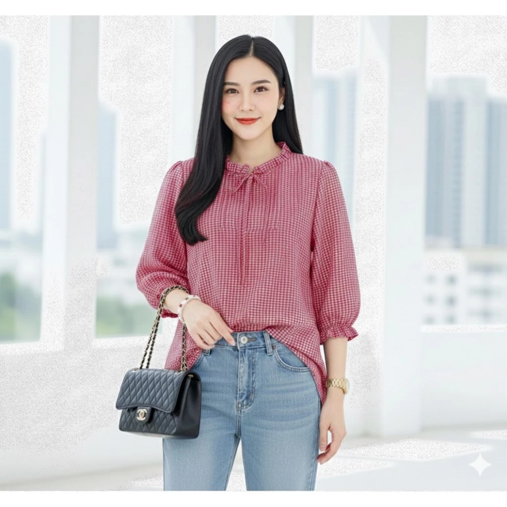 เสื้อไหมอิตาลี่ ลายสก็อต สาวอวบใส่ได้ ผ้าไม่ร้อน ไม่ต้องรีด