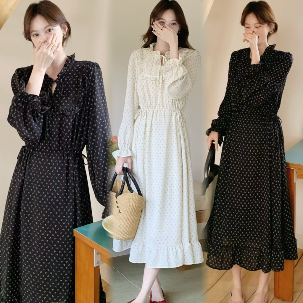 ชุดเดรสแขนยาวผ้าชีฟองลายดอกเล็ก คนท้องใส่ได้ ไม่ท้องก็ใส่ได้ พร้อมส่ง