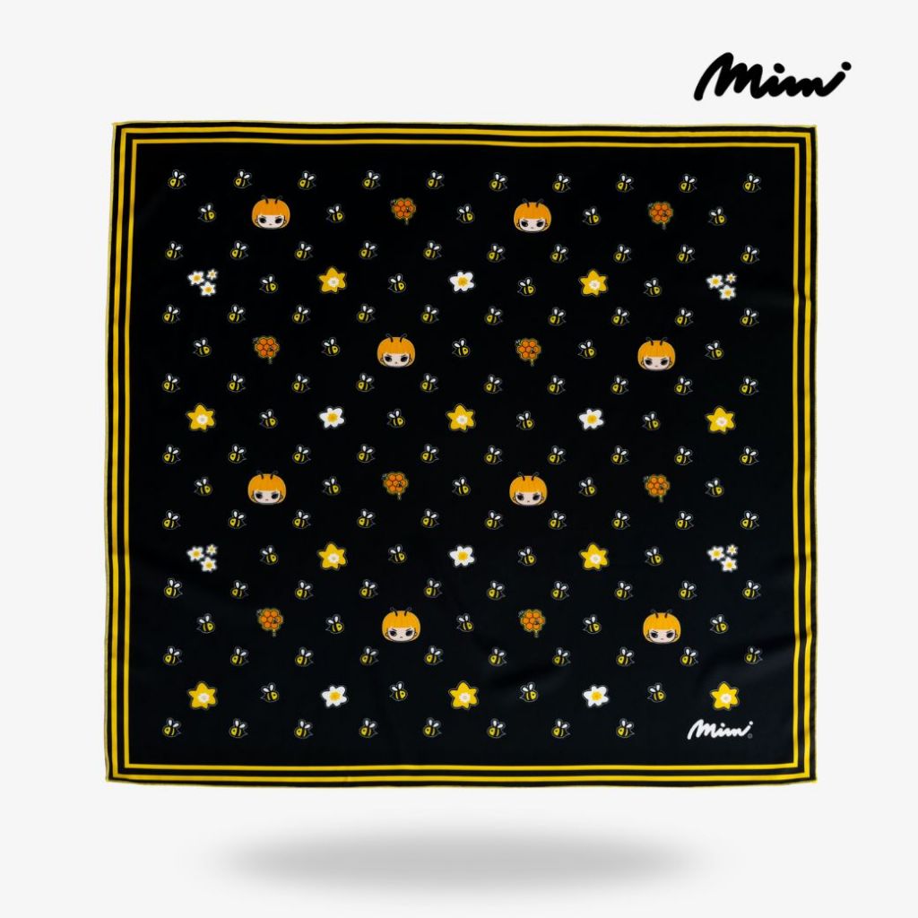 Mimi Honey Black Scarf ผ้าพันคอ พื้นสีดำลายมีมี่กับเหล่าผึ้ง ดอกไม้ และรังผึ้ง ลูกเล่นขอบดำเหลือง A9PWBL