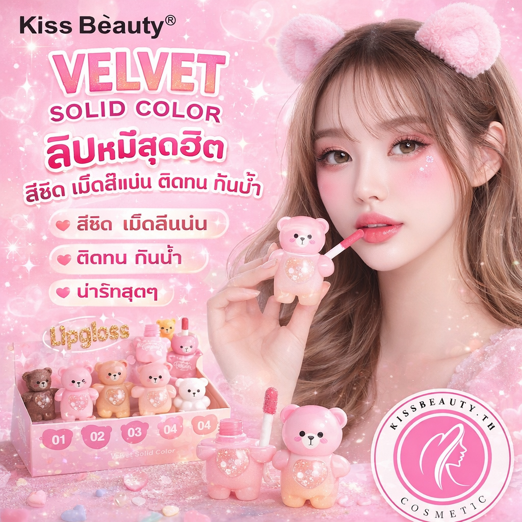 ส่งด่วน Kiss Beauty Velvet Solid Color ลิปหมีสุดฮิต สีชัด เม็ดสีแน่น ติดทน กันน้ำ 70785-03 ลิปกลอส