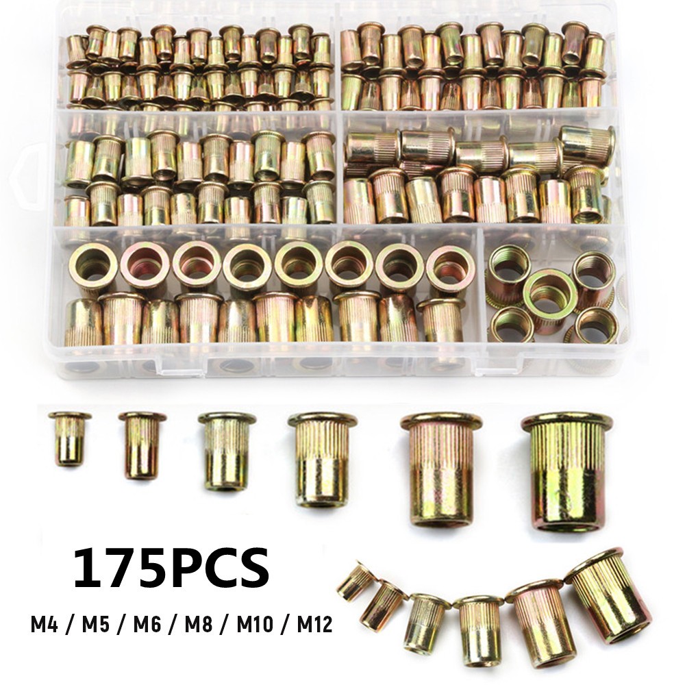 รีเวทนัท rivet nut กล่องรวมขนาด 175 ชิ้น M3 M4 M5 M6 M8 M10 น๊อตรีเวท รีเวทนัท ชุบรุ้ง หัวแบน คอลาย เกรดA สังกะสีเหล็กคา