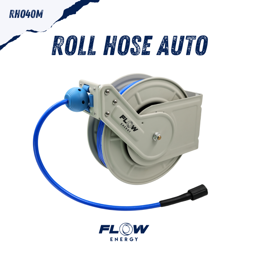 Flow Energy - RHO40M โรลม้วนสายออโต้ แบบยึดติดผนัง สำหรับเครื่องฉีดน้ำแรงดันสูง พร้อมสายทางน้ำเข้าและออก ขนาดเกลียว M22