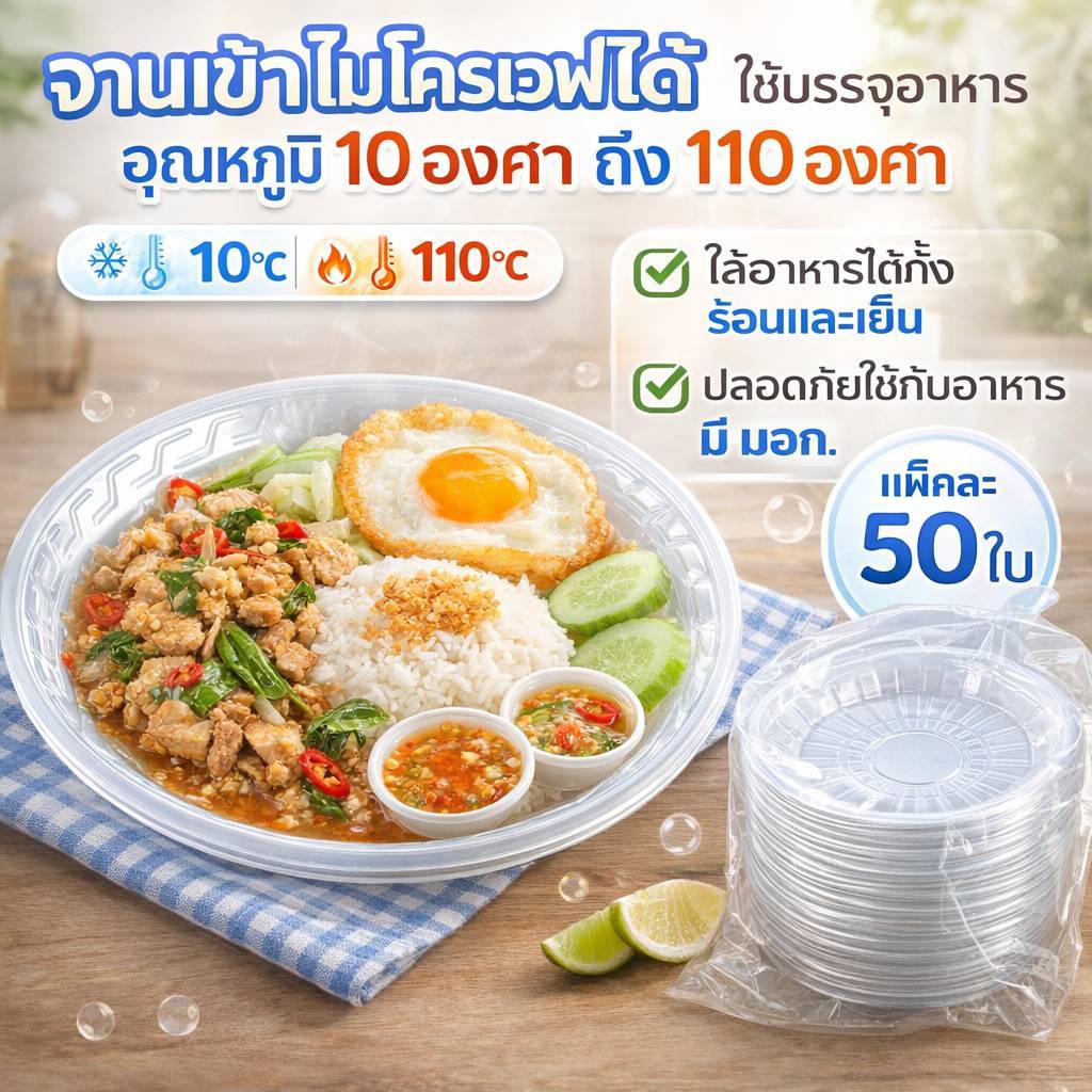 [มีมอก.] จานพลาสติก PP เข้าเวฟได้ ขนาด 7.5 นิ้ว หนาพิเศษ แพคละ50ใบ ทนความร้อน-ความเย็น จานกลม จานใส HB-61 ตราฮอร์นบอย