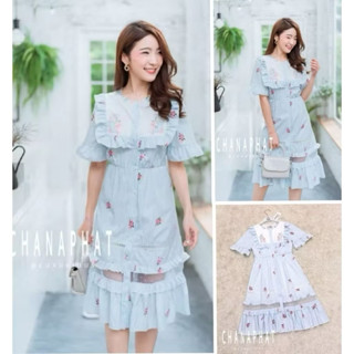 (s,l,xl) เดรสยาวคลุมเข่า สีฟ้า ลายริ้ว อกกระต่าย งานป้าย cha…